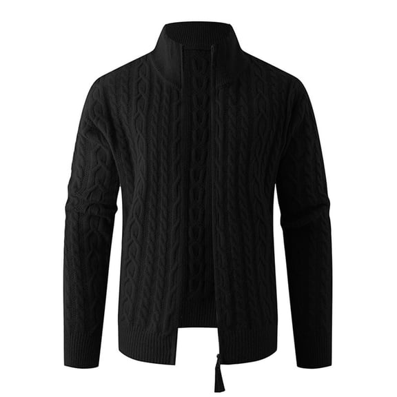 ZCFZJW Men's Full Zip Cardigan Sweater Slim Fit Twist Cable Knitted Zip Up Long Sleeve Stand Collar Pullover Sweater Tops with Pockets Black M