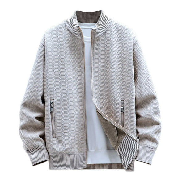 ZCFZJW Men's Full Zip Sweaters Casual Stand Collar Cardigan Outwear Jacket Fall Winter Thermal Long Sleeve Basic Slim Fit Knitted Sweater with Pockets Beige M