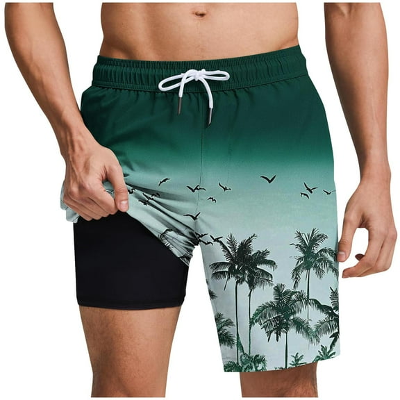 ZCFZJW Men's Funny Swim Trunks with Compression Liner 2 in 1 Quick-Dry Tropical Printed Summer Big and Tall Regular Fit Stretch Drawstring Elastic Waist Shorts with Pockets Army Green M