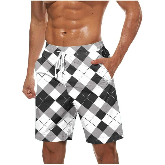 ZCFZJW Men's Gingham Bermuda Shorts Lightweight Summer Quick Dry Plaid Beach Swim Trunks Big and Tall Casual Drawstring Elastic Waist Workout Short Pants with Pockets White XXXXL