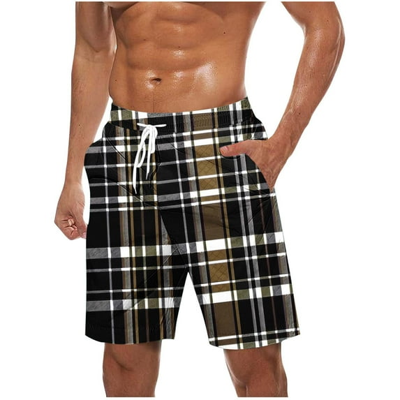 ZCFZJW Men's Gingham Bermuda Shorts Lightweight Summer Quick Dry Plaid Beach Swim Trunks Big and Tall Casual Drawstring Elastic Waist Workout Short Pants with Pockets Black#01 XL