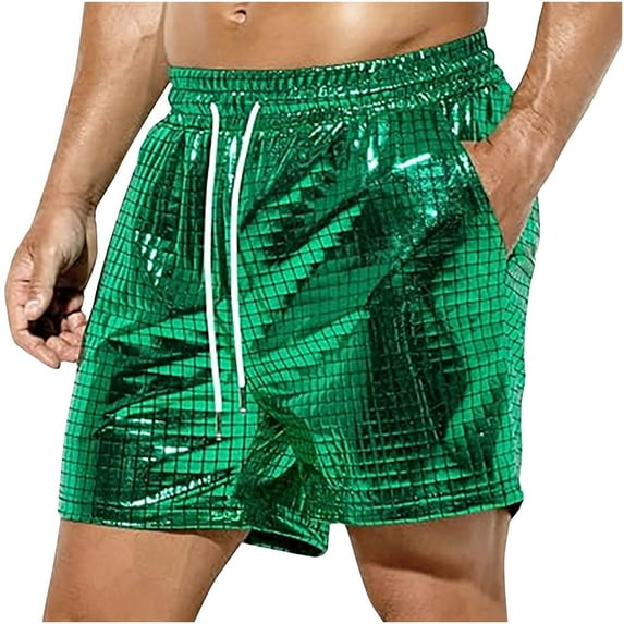 ZCFZJW Men's Glitter Shorts Lightweight Casual Classic Fit Drawstring Solid Color Summer Beach Shorts with Elastic Waist and Pockets Green M