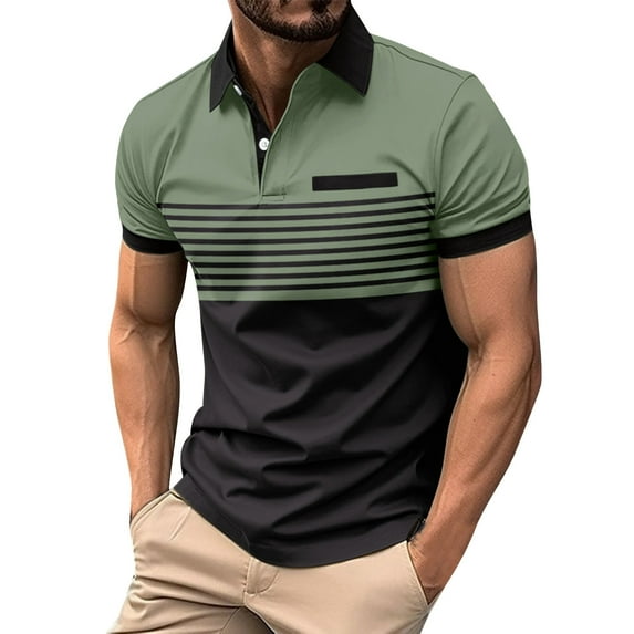 ZCFZJW Men's Golf Polo Shirts Short Sleeve 1/4 Button up Collar Tennis Shirt Color Block Striped Classic Fit Business Work Athletic T-Shirt Tops Army Green XXL