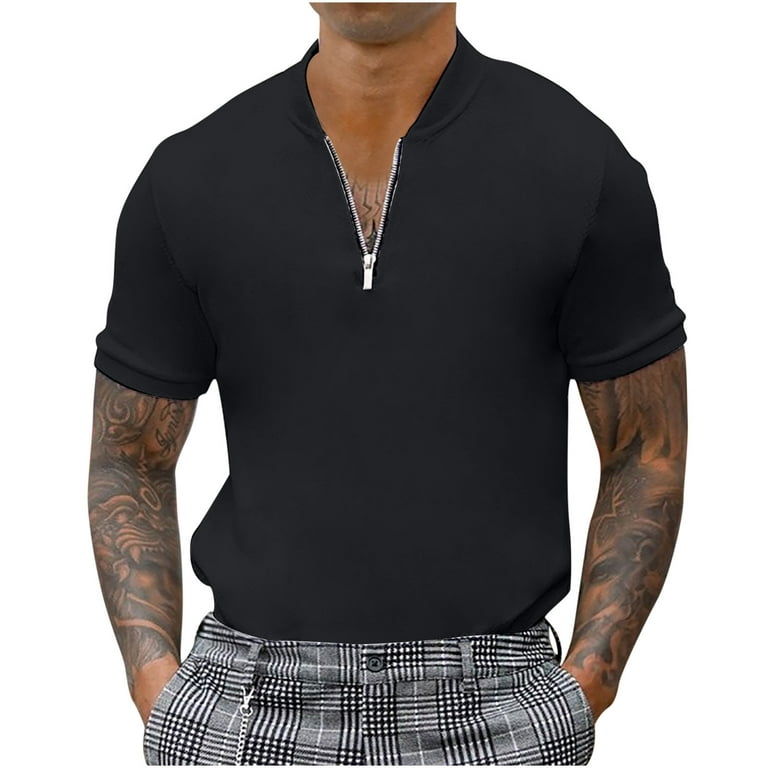 Men's Henley T-Shirt Quick Dry Collarless Casual Tee Shirts - Black / 2XL