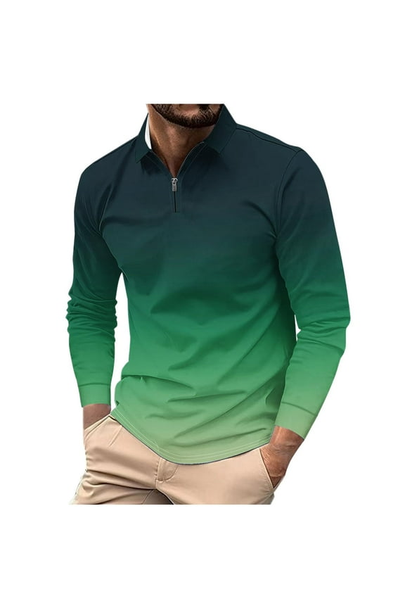 Men's Golf Shirts Long Sleeve Polo Shirt Casual Tie Dye Gradient Print Lapel Collar V Neck Pullover Tops Loose Lightweight Comfy Baggy Workout Gym T-Shirts Army Green L