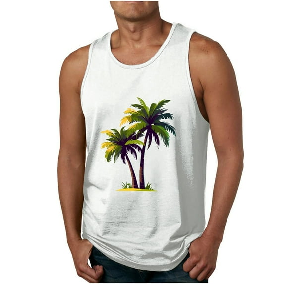 ZCFZJW Men's Gym Tank Tops Cute Summer Tropical Palm Tree Print Workout Muscle Tee Training Bodybuilding Fitness Sleeveless Graphic T Shirts White S