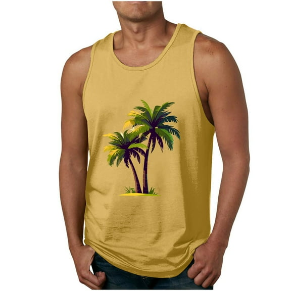 ZCFZJW Men's Gym Tank Tops Cute Summer Tropical Palm Tree Print Workout Muscle Tee Training Bodybuilding Fitness Sleeveless Graphic T Shirts Yellow XL