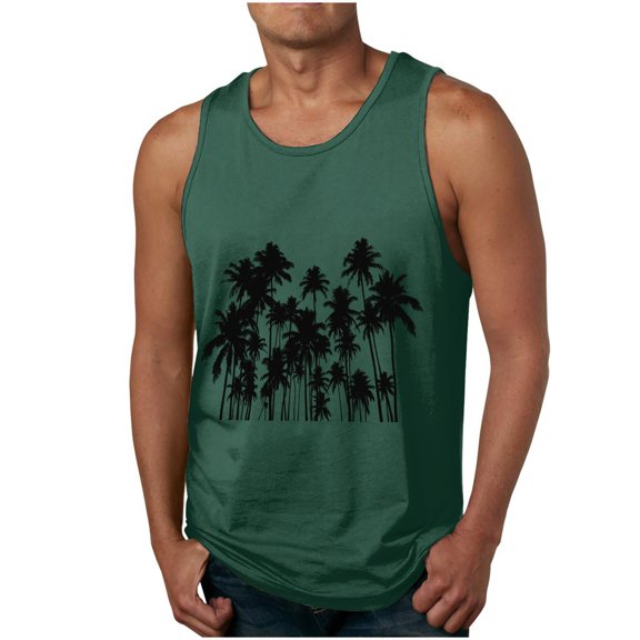 ZCFZJW Men's Gym Workout Tank Tops Swim Beach Shirts Summer Tropical Palm Tree Print Sleeveless Training T-Shirt Muscle Bodybuilding Athletic Clothes Green M