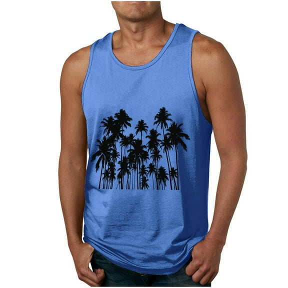 ZCFZJW Men's Gym Workout Tank Tops Swim Beach Shirts Summer Tropical Palm Tree Print Sleeveless Training T-Shirt Muscle Bodybuilding Athletic Clothes Blue M