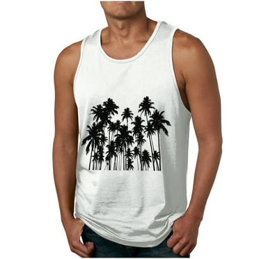 ZCFZJW Men's Gym Workout Tank Tops Swim Beach Shirts Summer Tropical Palm Tree Print Sleeveless Training T-Shirt Muscle Bodybuilding Athletic Clothes White M