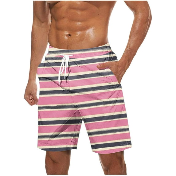 ZCFZJW Men's Hawaiian Beach Shorts Big and Tall Regular Fit Elastic Waist Drawstring Swim Trunks Lightweight Summer Casual Striped Print Shorts with Pocket Hot Pink XL