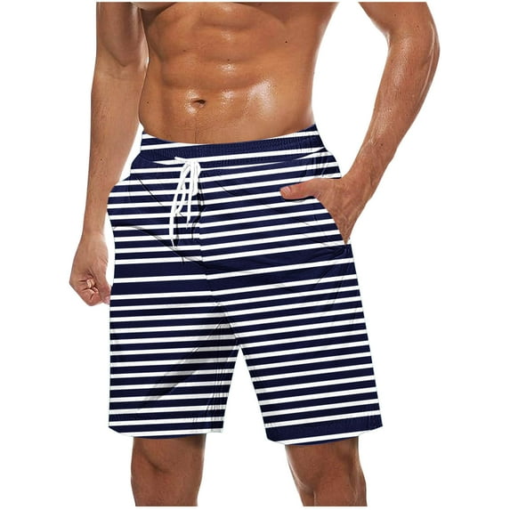 ZCFZJW Men's Hawaiian Beach Shorts Big and Tall Regular Fit Elastic Waist Drawstring Swim Trunks Lightweight Summer Casual Striped Print Shorts with Pocket Navy L
