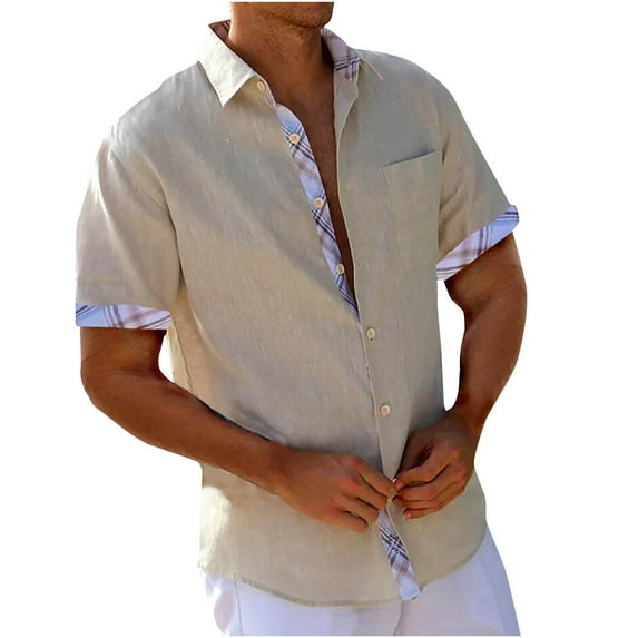 ZCFZJW Men's Hawaiian Floral Shirts Cotton Linen Button Down Tropical Holiday Beach Shirts Trendy Summer Short Sleeve Graphic Tees Shirt Tops with Pockets Khaki XXXL