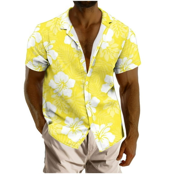 ZCFZJW Men's Hawaiian Shirt Big and Tall Regular Fit Short Sleeve Summer Floral Print Beach Tropical T-Shirt Tops Button Down Graphic Tees Shirt Yellow XXXXL