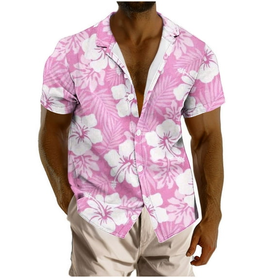 ZCFZJW Men's Hawaiian Shirt Big and Tall Regular Fit Short Sleeve Summer Floral Print Beach Tropical T-Shirt Tops Button Down Graphic Tees Shirt Pink XL