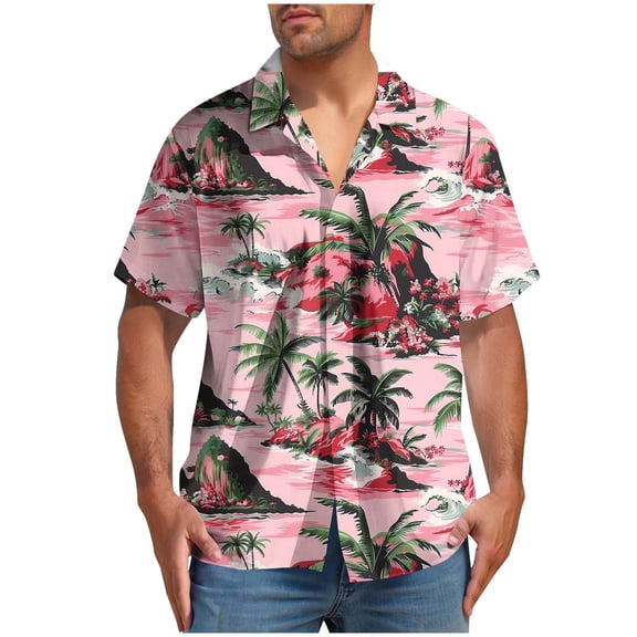 ZCFZJW Men's Hawaiian Shirt Funky Tropical Floral Printed Beach Vacation Tees Shirt Regular Fit Casual Button Down Short Sleeve Graphic T-Shirts Tops Pink#01 L