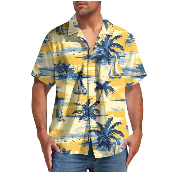 ZCFZJW Men's Hawaiian Shirt Funky Tropical Floral Printed Beach Vacation Tees Shirt Regular Fit Casual Button Down Short Sleeve Graphic T-Shirts Tops Yellow#03 XL