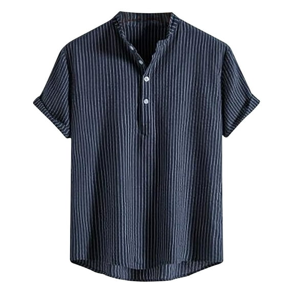 ZCFZJW Men's Hawaiian Shirt Short Sleeves Striped Pattern Printed Button Down Summer Beach Dress Shirts Casual Holiday Graphic Tee Shirts Dark Blue L