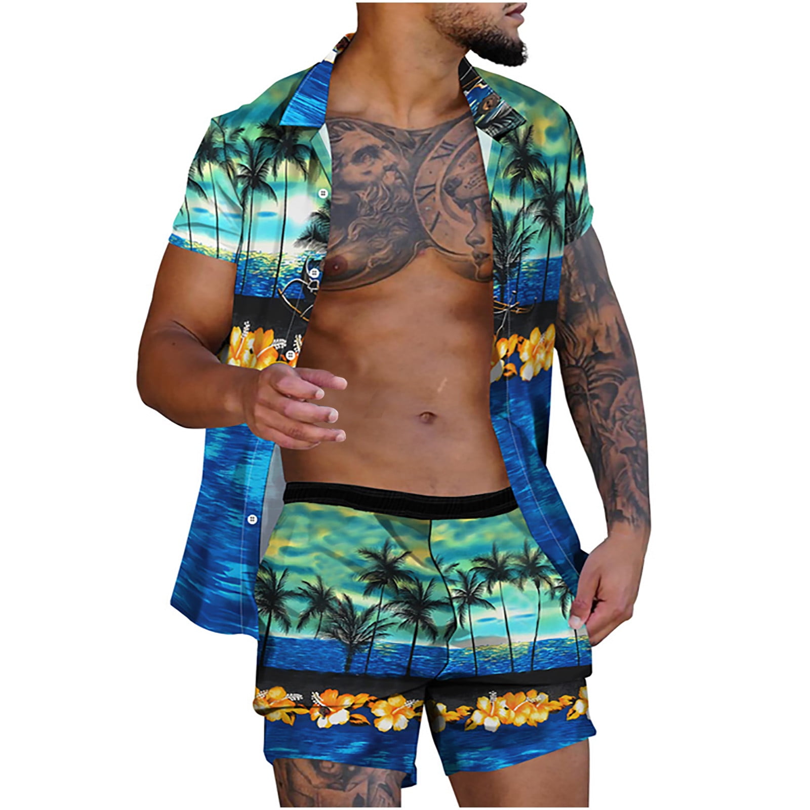 Zcfzjw Men's Hawaiian Shirts Set Casual Button Down Short Sleeve Sunset Palm Tree Printed Shorts Summer Beach Tropical Flower Shirt Suits Green Xxxl