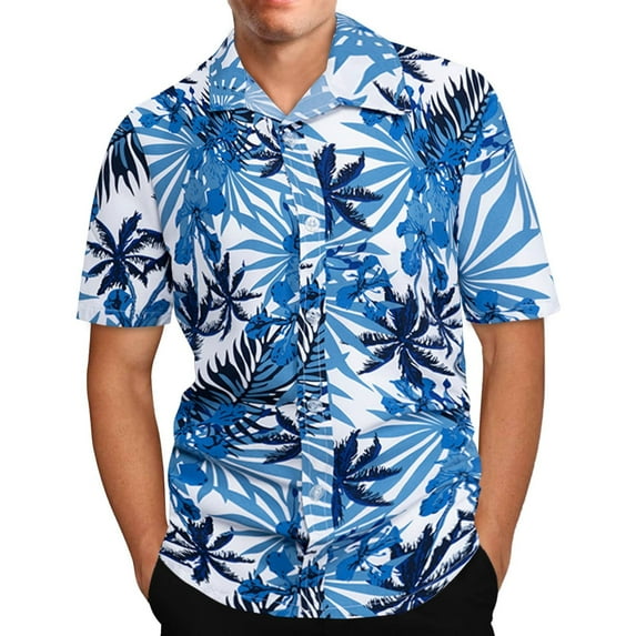ZCFZJW Men's Hawaiian Shirts Tropical Funny Print Button Down Casual Short Sleeve Holiday Beach T-Shirts Big and Tall Regular Fitted Tshirt Top Blue XXXXXL