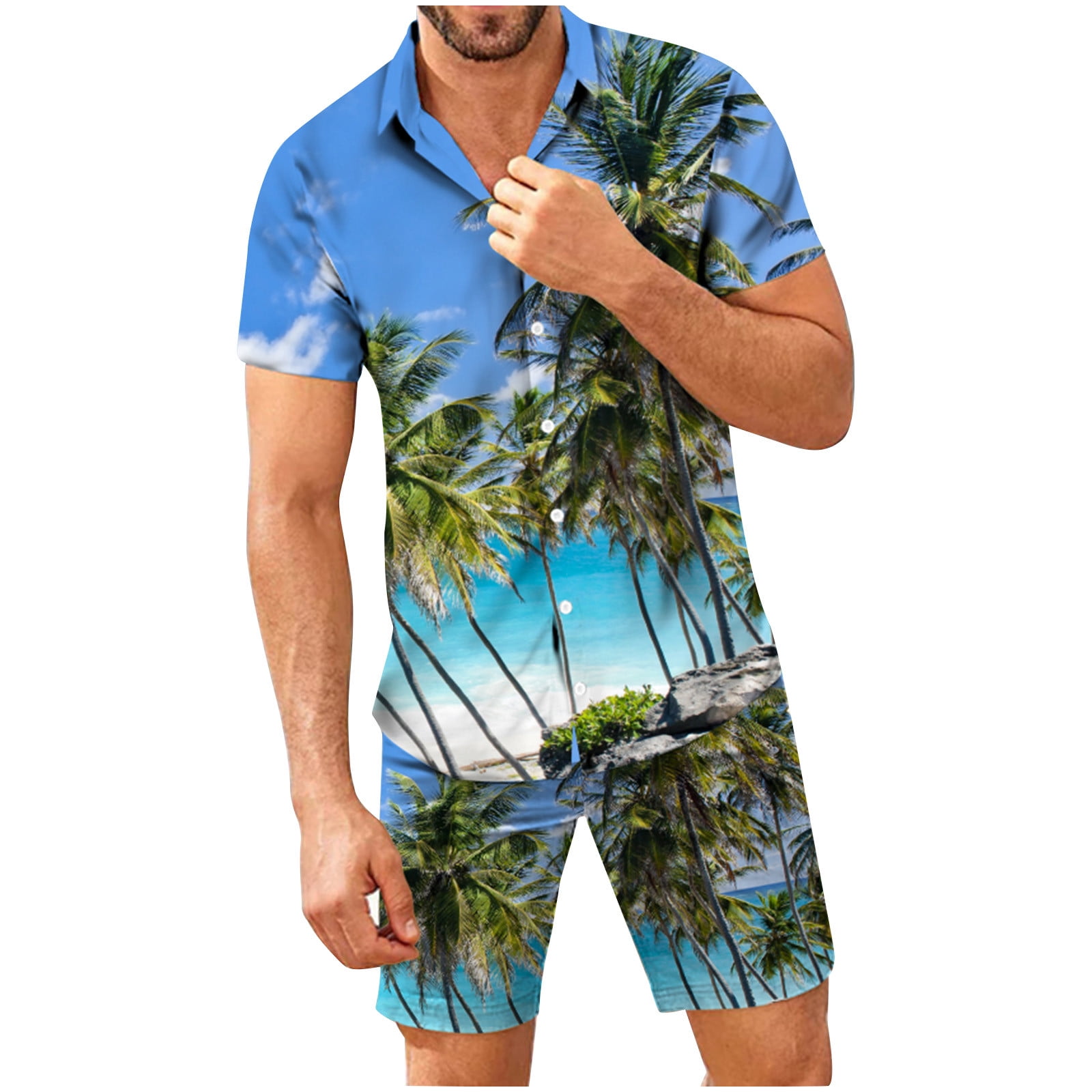 Summer Men Lapel Neck Floral Printed Outfit Short Sleeve Shirts+Shorts 2Pcs  Set