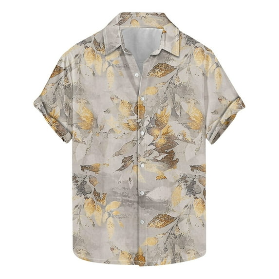 ZCFZJW Men's Hawaiian Short Sleeve Button Down Graphic T-Shirts Summer Tropical Leaves Pattern Print Beach Aloha Party Wear Shirt Khaki XL