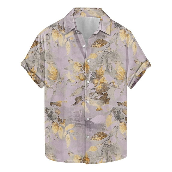 ZCFZJW Men's Hawaiian Short Sleeve Button Down Graphic T-Shirts Summer Tropical Leaves Pattern Print Beach Aloha Party Wear Shirt Purple XXL