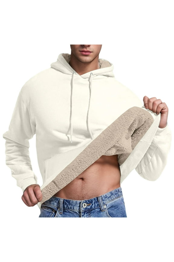 Men's Heavy Hoodie Sherpa Fleece Lined Pullover Thick Winter Drawstring Long Sleeve Hooded Sweatshirt Plush Warm Hoodies Outwear Tops S