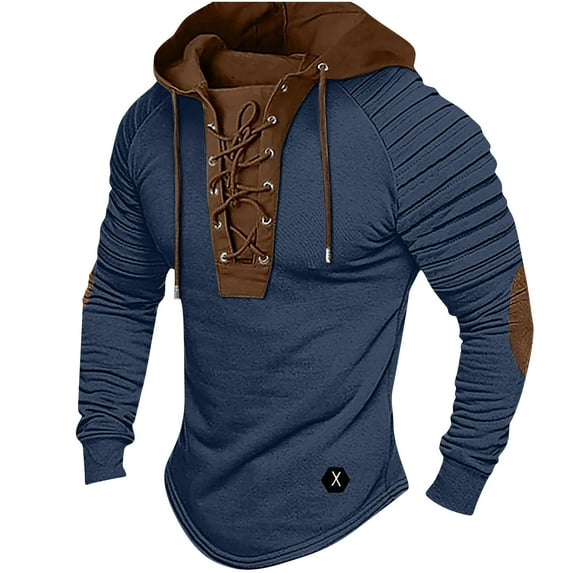ZCFZJW Men's Henley Shirt Hooded Lightweight Regular Fit Casual Long Sleeve Lace Up Vintage Solid Casual Workout T-shirt Tactical Patchwork Western Tee Sports Navy S