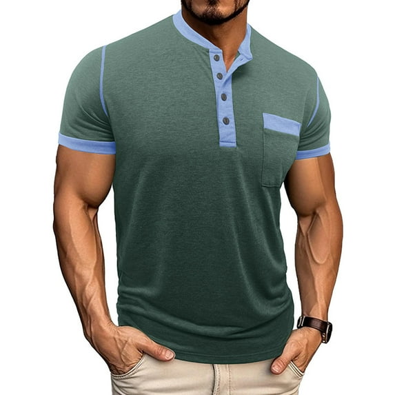 ZCFZJW Men's Henley Shirts Short Sleeve Casual Lightweight Slim Fit Basic Button T-Shirt with Pocket Trendy Cotton Pullover Tops Green L
