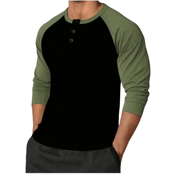 ZCFZJW Men's Henley Shirts Trendy Fall Raglan Long Sleeve Slim-Fit Casual Cotton Baseball Crewneck Athletic Workout Tee Shirt Tops Army Green#01 L