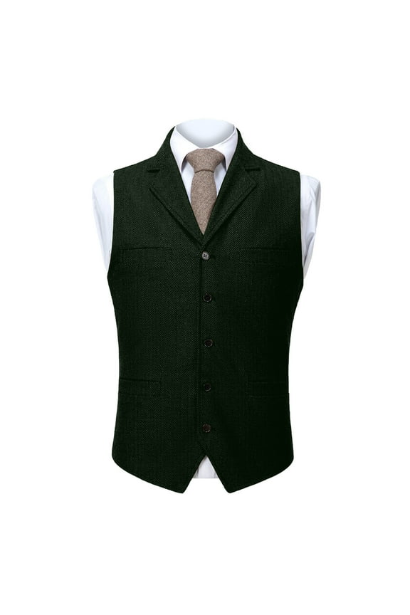 Men's Herringbone Tweed Suit Vest Casual Notch Lapel V Neck Wool Blend Waistcoat Western Classic Fit Mens Vest Army Green XXL