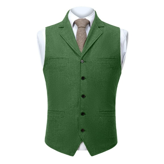 ZCFZJW Men's Herringbone Tweed Suit Vest Casual Notch Lapel V Neck Wool Blend Waistcoat Western Classic Fit Mens Vest Green XS