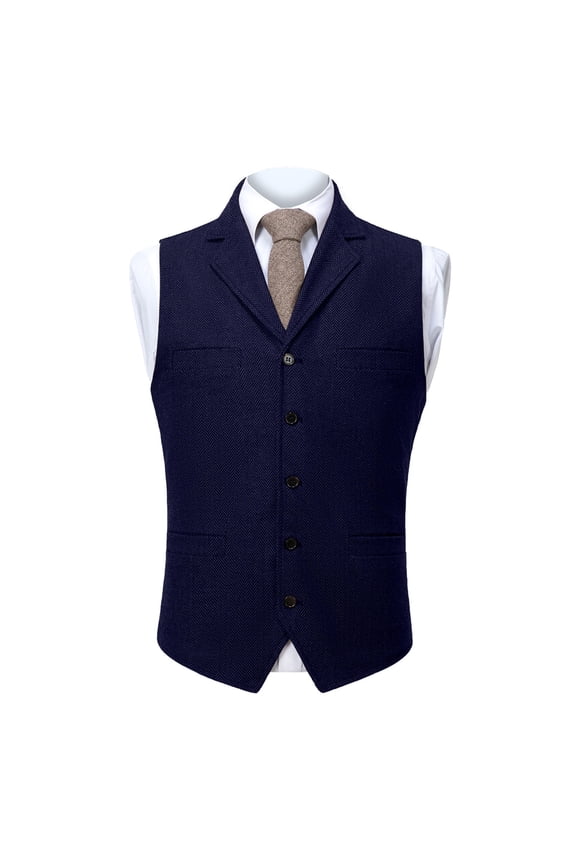Men's Herringbone Tweed Suit Vest Casual Notch Lapel V Neck Wool Blend Waistcoat Western Classic Fit Mens Vest Navy XXXL