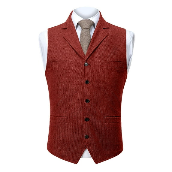 ZCFZJW Men's Herringbone Tweed Suit Vest Casual Notch Lapel V Neck Wool Blend Waistcoat Western Classic Fit Mens Vest Red XXL