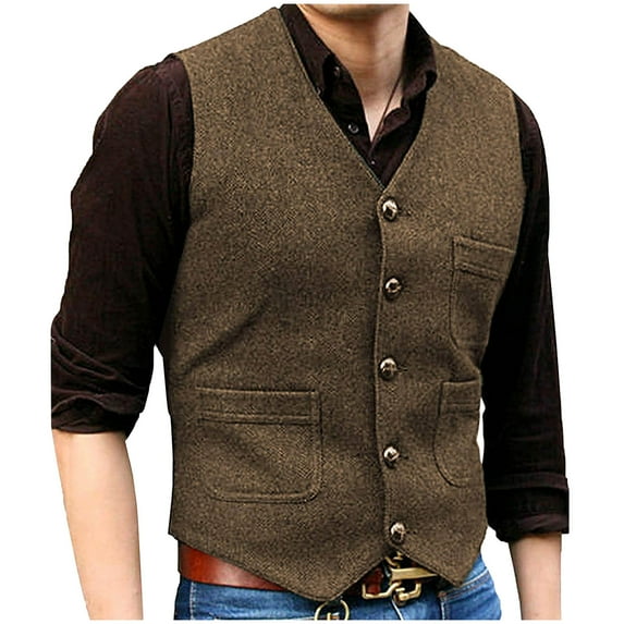 ZCFZJW Men's Herringbone Tweed Wool Suit Vest Vintage Single Breasted Slim Fit Casual Wool Waistcoat Vest for Wedding Groomsmen Brown S