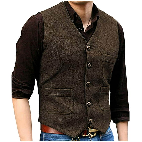 ZCFZJW Men's Herringbone Tweed Wool Suit Vest Vintage Single Breasted Slim Fit Casual Wool Waistcoat Vest for Wedding Groomsmen Coffee XXXL