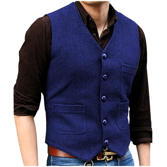 ZCFZJW Men's Herringbone Tweed Wool Suit Vest Vintage Single Breasted Slim Fit Casual Wool Waistcoat Vest for Wedding Groomsmen Dark Blue L