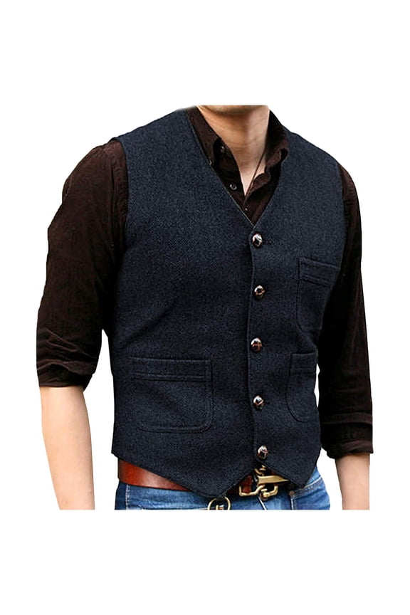 Men's Herringbone Tweed Wool Suit Vest Vintage Single Breasted Slim Fit Casual Wool Waistcoat Vest for Wedding Groomsmen Navy M