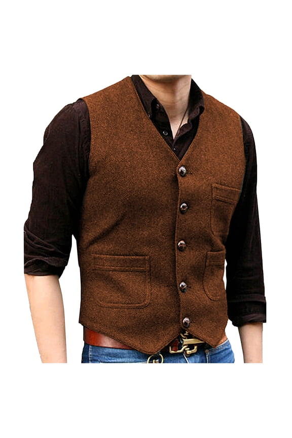Men's Herringbone Tweed Wool Suit Vest Vintage Single Breasted Slim Fit Casual Wool Waistcoat Vest for Wedding Groomsmen Orange L