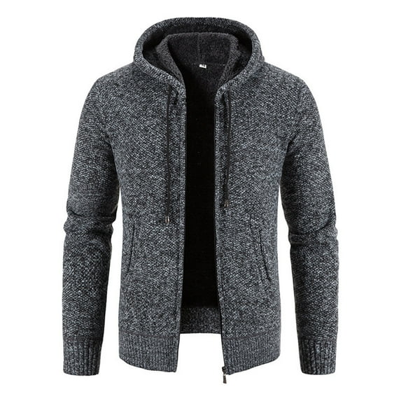 ZCFZJW Men's Hooded Sherpa Fleece Lined Coats Full Zip Knitted Cardigan Sweater Cable Knit Hoodies Jacket Long Sleeve Pullover with Front Pocket Dark Gray XL