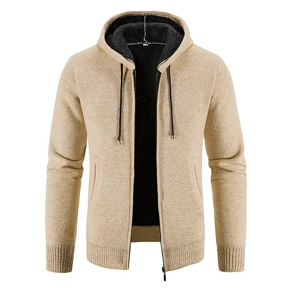 ZCFZJW Men's Hooded Sherpa Fleece Lined Coats Full Zip Knitted Cardigan Sweater Cable Knit Hoodies Jacket Long Sleeve Pullover with Front Pocket Khaki XXL