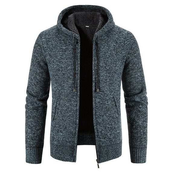 ZCFZJW Men's Hooded Sherpa Fleece Lined Coats Full Zip Knitted Cardigan Sweater Cable Knit Hoodies Jacket Long Sleeve Pullover with Front Pocket Navy XXXL