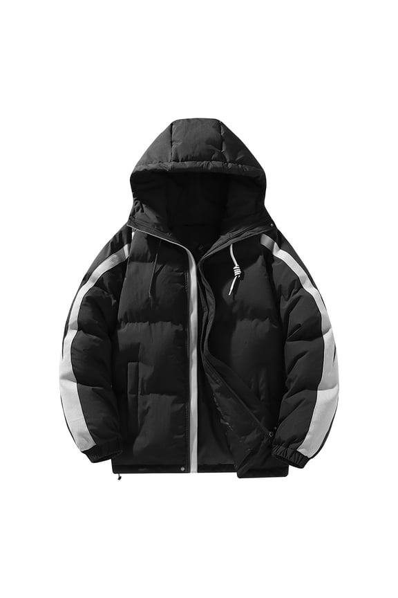 Men's Down Jackets Winter Heavyweight Drawstring Hooded Puffer Jacket Solid Zipper Coat Quilted Lined Oversized Long Sleeve Padded Jacket with Pockets Black XXL