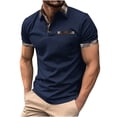 thumbnail image 1 of ZCFZJW Men's Knit Polo Shirts Short Sleeve Striped Plaid Patchwork Print Button up Henley Shirt Fashion Casual Golf Shirts Tops with Pockets Navy S, 1 of 5