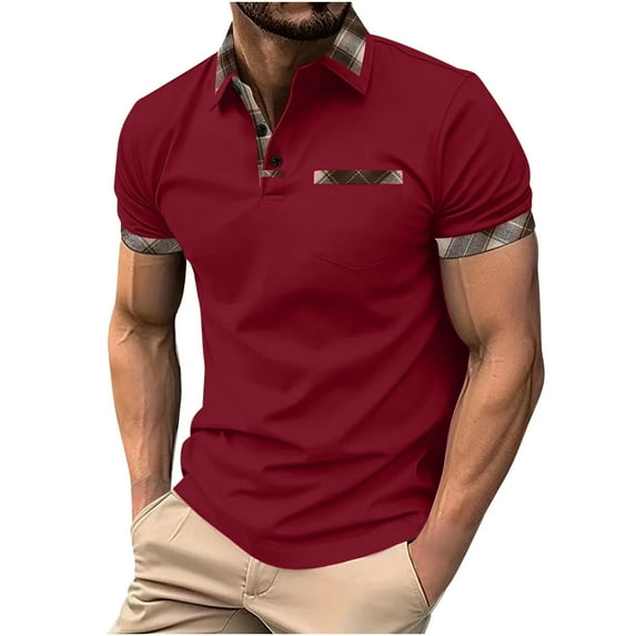 ZCFZJW Men's Knit Polo Shirts Short Sleeve Striped Plaid Patchwork Print Button up Henley Shirt Fashion Casual Golf Shirts Tops with Pockets Wine M
