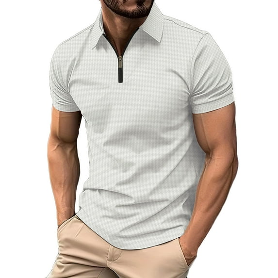 ZCFZJW Men's Knit Polo Shirts Short Sleeve Trendy Solid Color Summer Lapel Collared V Neck 1/4 Zip up Polo Shirt Fashion Casual Golf Shirts Tops White XL
