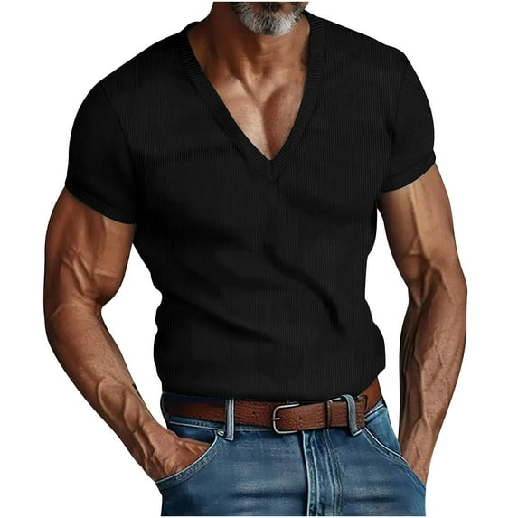 ZCFZJW Men's Knit Shirts Casual Stretch Summer Short Sleeve V Neck Pullover Tops Loose Lightweight Comfy Solid Color Basic Workout Tees Shirt Black XXL