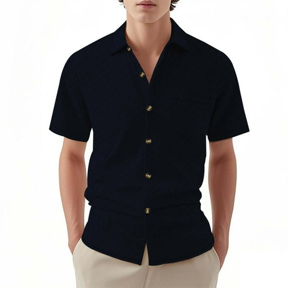ZCFZJW Men's Knit Short Sleeve Shirts Button Down Vintage Knitted Workout Gym Shirt Casual Beach Crochet Cable Vacation Shirt with Pockets Navy L