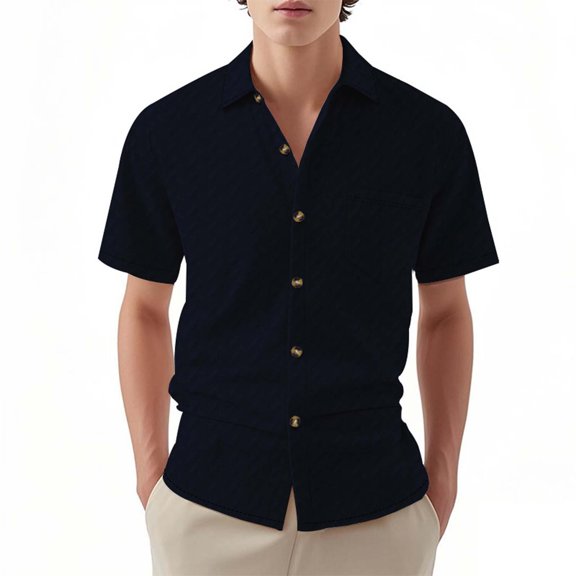 ZCFZJW Men's Knit Short Sleeve Shirts Button Down Vintage Knitted Workout Gym Shirt Casual Beach Crochet Cable Vacation Shirt with Pockets Navy L